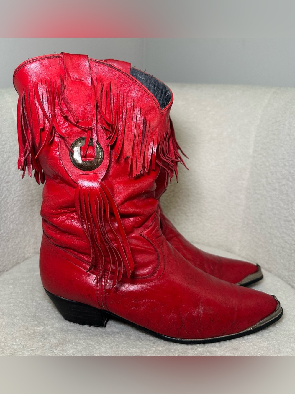 Vintage Red Leather Fringe Cowgirl Cowboy Bootsโ Western Boho Bohemian Festival